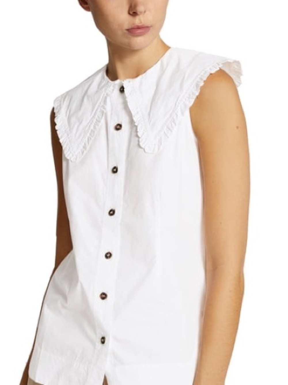 Ganni White Sleeveless Button Front Top with Scalloped Collar
